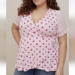 Torrid Pink Lip Print Ruffle Sleeve Faux Wrap Surplice Top Size 1X